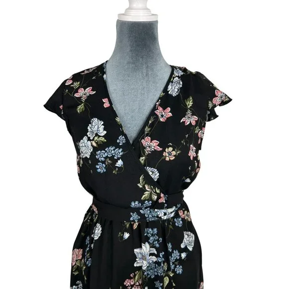 BO.G Collective Floral Wrap Maxi Dress Black/Blue Small With Flutter Sleeves NWT - Picture 5 of 16